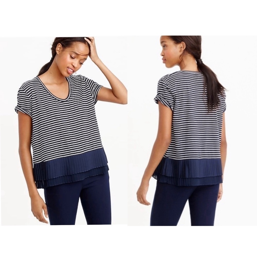 J. Crew Pleated Peplum Top Navy Blue White Striped Short Sleeve Xsmall Women’s